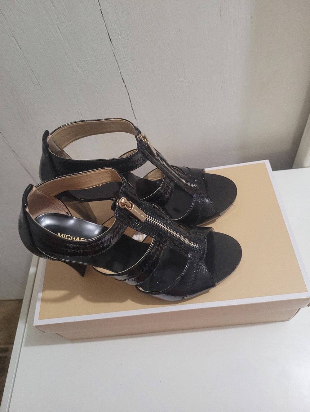 Michael Kors Black Patent Zipper-Strap Heeled Sandals